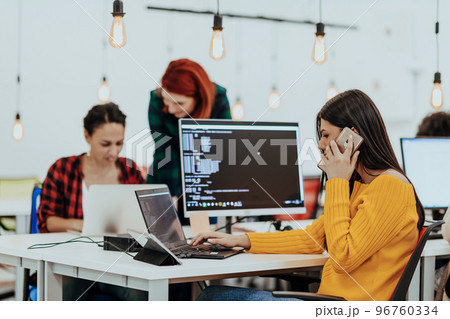 Multiethnic group of employees working in a marketing company. A group of colleagues is working on a project in modern offices Multiethnic group of employees working in a marketing company. A group of colleagues is working on a project in modern offices 96760334
