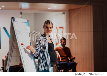 A pregnant businesswoman leads a creative meeting of a diverse business team in a modern coworking A pregnant businesswoman leads a creative meeting of a diverse business team in a modern coworking 96760526