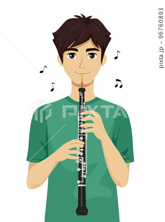 Teen Boy Play Oboe Music Notes Illustration 96760893