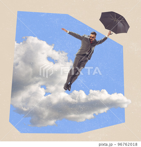Contemporary art collage. Creative design. Stylish businessman flying with umbrella among clouds. Business ideas 96762018