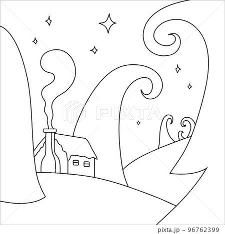 drawn house in a fairy forest, Christmas trees with decorations, coloring book 96762399