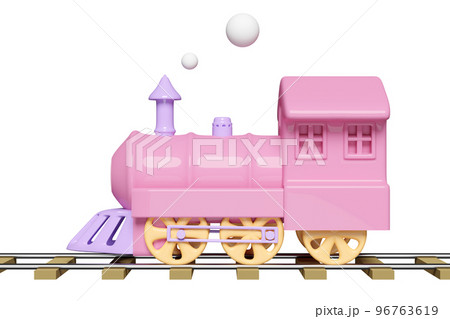 3d locomotive with railroad tracks, steam train transport toy, summer travel service, planning traveler tourism train isolated. side view, 3d render illustration 96763619