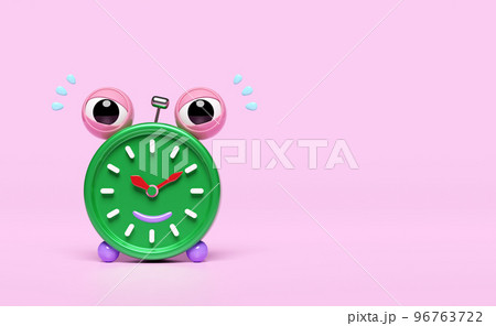 cartoon character green alarm clock wake-up time morning with space isolated on pink background.concept 3d illustration or 3d render, clipping path 96763722