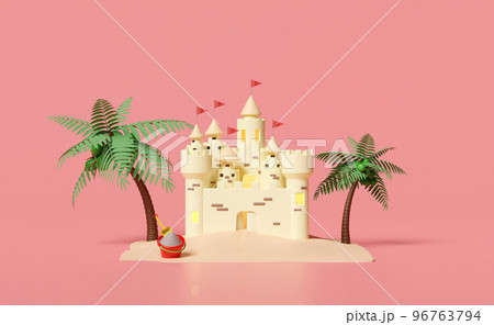 sand castle with towers, fort, gates and flags, sandy beach, palms tree, coconut, summer travel vacation concept, 3d illustration or 3d render 96763794