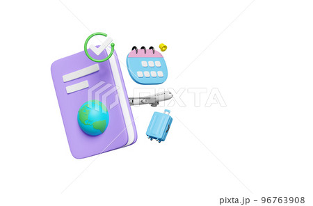 3d passport or international travel for tourism, calendar for marked date business with airplane, check marks, suitcase isolated. 3d render illustration 96763908