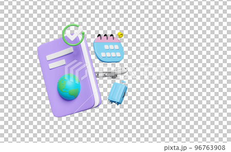 3d passport or international travel for tourism, calendar for marked date business with airplane, check marks, suitcase isolated. 3d render illustration 96763908