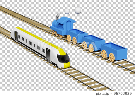 3d locomotive, bullet train with railroad tracks, steam train transport toy, planning traveler tourism train isolated. 3d render illustration 96763929