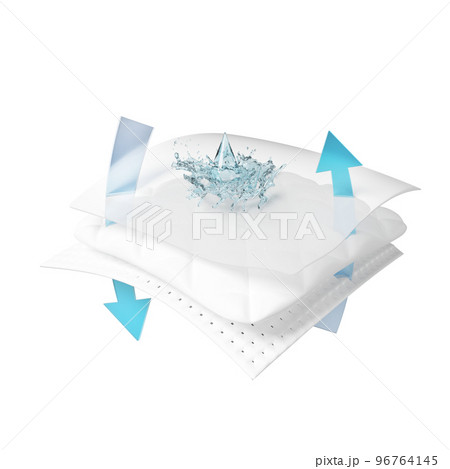 3d ventilate shows water splash transparent for diapers, synthetic fiber hair absorbent layer with sanitary napkin, transparent film baby diaper adult concept, isolated on blue background.  96764145