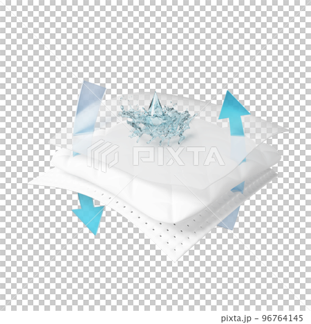 3d ventilate shows water splash transparent for diapers, synthetic fiber hair absorbent layer with sanitary napkin, transparent film baby diaper adult concept, isolated on blue background.  96764145
