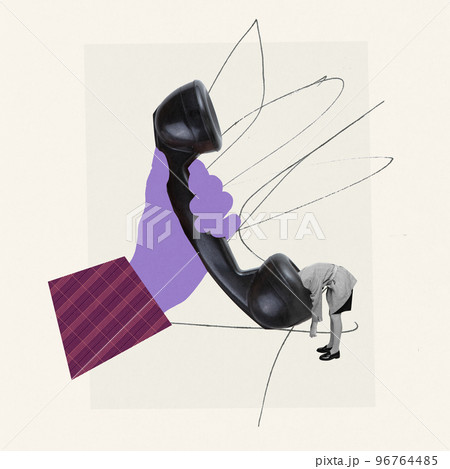 Contemporary art collage. Creative design. Young man hiding head on phone handset. Communication support. Feeling tired and depressed Contemporary art collage. Creative design. Young man hiding head on phone handset. Communication support. Feeling tired and depressed 96764485