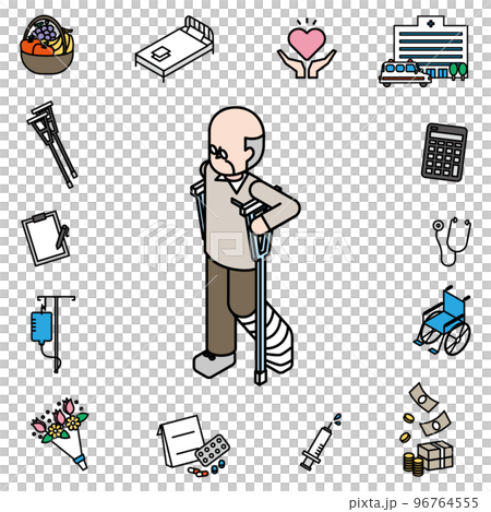 Isometric illustration of a senior man who broke his leg 96764555