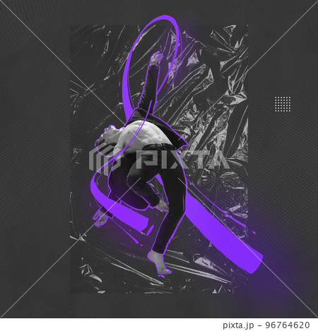 Contemp dance and music. Creative artwork with flexible dancer expressing feelings in dance over grey background with crumpled plastic cellophane effect with acid color lines. Contemp dance and music. Creative artwork with flexible dancer expressing feelings in dance over grey background with crumpled plastic cellophane effect with acid color lines. 96764620