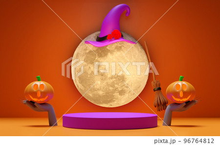 3d cylinder stage podium, hand of a undead hold pumpkin holiday party with full moon, witch hat, broom isolated on orange background. marketing shopping, promotion news concept, 3d render illustration 3d cylinder stage podium, hand of a undead hold pumpkin holiday party with full moon, witch hat, broom isolated on orange background. marketing shopping, promotion news concept, 3d render illustration 96764812