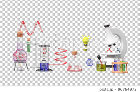 3d science experiment kit with alcohol lamp, beaker, test tube, microscope, light bulb isolated. classroom online innovative education, idea tip  concept, 3d render illustration 96764972
