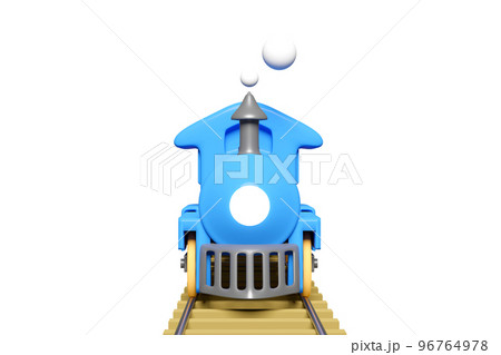 3d locomotive with railroad tracks, steam train transport toy, summer travel service, planning traveler tourism train isolated. front view, 3d render illustration 96764978