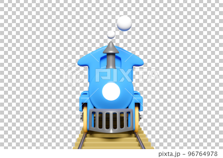 3d locomotive with railroad tracks, steam train transport toy, summer travel service, planning traveler tourism train isolated. front view, 3d render illustration 96764978