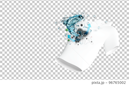 shirt show washing with a whirlpool, vortex, water rotating on the fabric fiber surface, 3d advertising illustration clean with washing powder, liquid detergent, 3d render 96765002