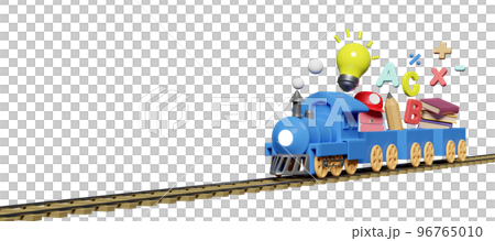 3d blue locomotive with wooden wagons with school supplies, copy space isolated. back to school, knowledge creates idea concept, 3d render illustration 96765010