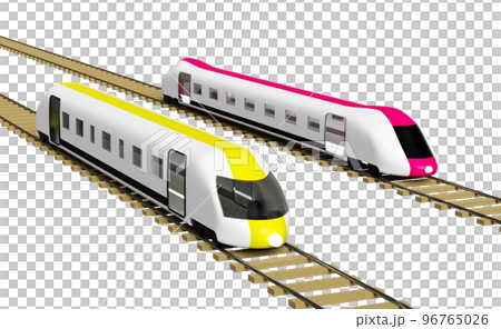 3d two bullet train cartoon with railroad tracks, sky train transport toy, summer travel service, planning traveler tourism train isolated. 3d render illustration 96765026