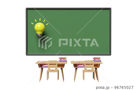 3d green blackboard template with light bulb, wooden school desk cartoon, chair, book isolated. idea tip concept, 3d render illustration 96765027