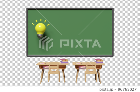 3d green blackboard template with light bulb, wooden school desk cartoon, chair, book isolated. idea tip concept, 3d render illustration 96765027