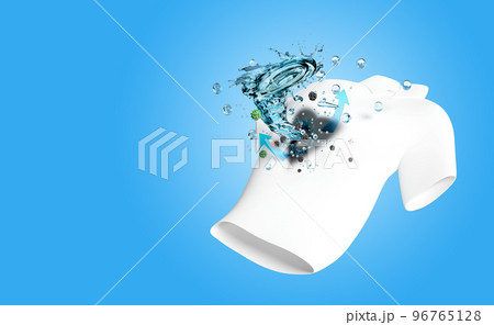 shirt show washing with a whirlpool, vortex, water rotating on the fabric fiber surface, 3d advertising illustration clean with washing powder, liquid detergent, 3d render, isolated on blue 96765128