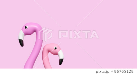 3d inflatable flamingo head with copy space isolated on pink background. summer travel concept, 3d render illustration, clipping path 96765129