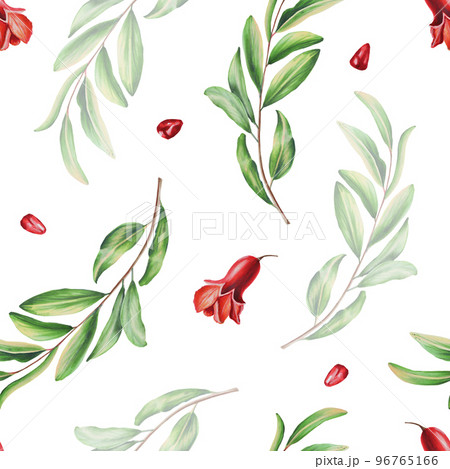 Watercolor seamless pattern with pomegranate seeds and flowers and leafs. Hand drawn realistic tasty garnet isolated on white background 96765166
