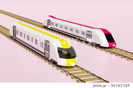 3d two bullet train cartoon with railroad tracks, sky train transport toy, summer travel service, planning traveler tourism train isolated on pink background. 3d render illustration, clipping path 96765184