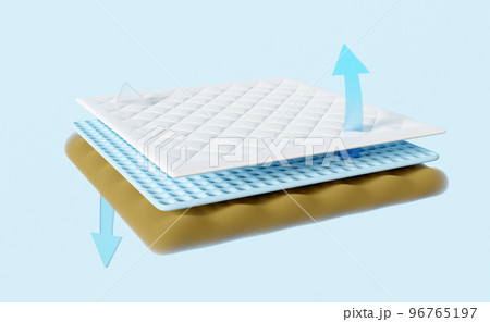 3d 3 layered sheet material mattress with soft sponge, fabric, rubber, arrow isolated on blue background. minimal abstract, 3d render illustration, clipping path 96765197