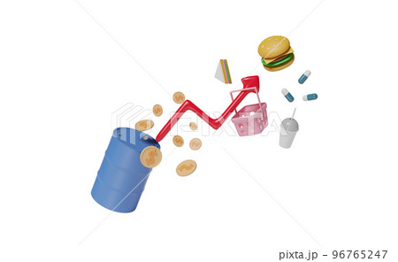 oil barrel 3d with arrow graph dollar coins, food, shopping basket isolated. expensive, high inflation, saving money, raise the price concept, 3d render 96765247