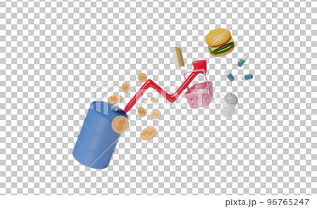 oil barrel 3d with arrow graph dollar coins, food, shopping basket isolated. expensive, high inflation, saving money, raise the price concept, 3d render 96765247
