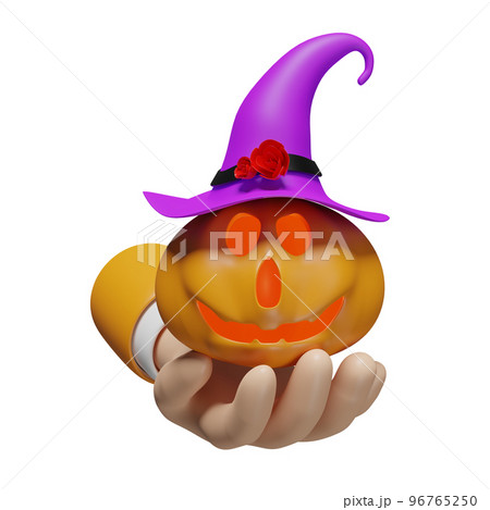 3d hand holding pumpkin holiday party with candle light in pumpkin, purple witch pointed hat isolated. minimal for happy halloween, 3d render illustration 3d hand holding pumpkin holiday party with candle light in pumpkin, purple witch pointed hat isolated. minimal for happy halloween, 3d render illustration 96765250