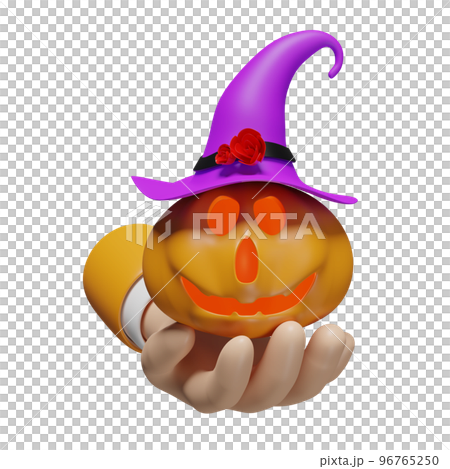 3d hand holding pumpkin holiday party with candle light in pumpkin, purple witch pointed hat isolated. minimal for happy halloween, 3d render illustration 3d hand holding pumpkin holiday party with candle light in pumpkin, purple witch pointed hat isolated. minimal for happy halloween, 3d render illustration 96765250