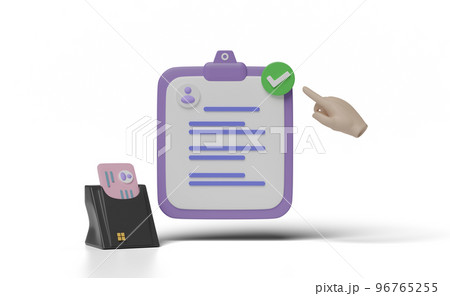 3d clipboard, checklist paper icon with USB smart card reader, Id card, hand pointing checkmark isolated. Business person card, job application, recruitment staff concept, 3d render 96765255