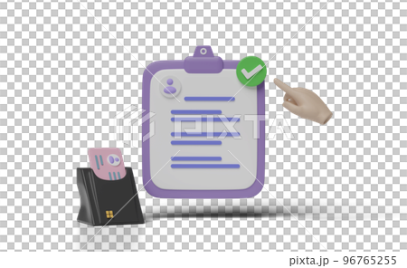 3d clipboard, checklist paper icon with USB smart card reader, Id card, hand pointing checkmark isolated. Business person card, job application, recruitment staff concept, 3d render 96765255