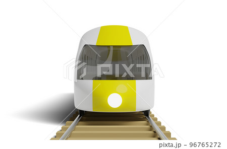 3d bullet train cartoon with railroad tracks, sky train transport toy, summer travel service, planning traveler tourism train isolated. front view, 3d render illustration 96765272