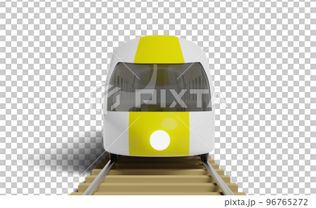 3d bullet train cartoon with railroad tracks, sky train transport toy, summer travel service, planning traveler tourism train isolated. front view, 3d render illustration 96765272