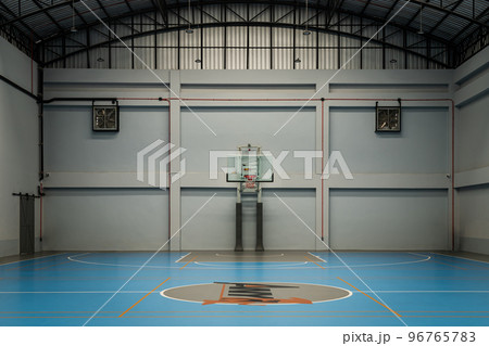 View from Empty basketball gym. Indoor basketball court, Interior of a basketball hall. View from Empty basketball gym. Indoor basketball court, Interior of a basketball hall. 96765783