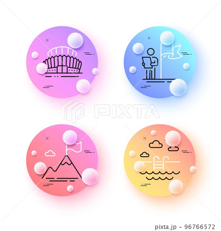 Mountain flag, Leadership and Swimming pool minimal line icons. 3d spheres or balls buttons. Sports stadium icons. For web, application, printing. Success challenge, Winner flag, Basin. Vector Mountain flag, Leadership and Swimming pool minimal line icons. 3d spheres or balls buttons. Sports stadium icons. For web, application, printing. Success challenge, Winner flag, Basin. Vector 96766572