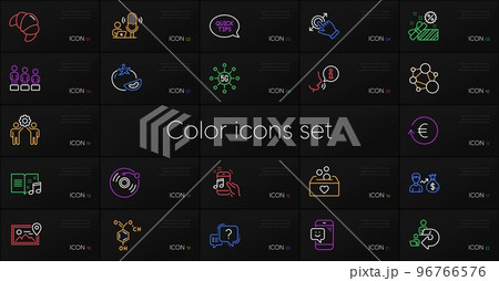 Set of Quickstart guide, Donation and Employees teamwork line icons. Include Tomato, 5g technology, Exchange currency icons. Photo location, Touchscreen gesture, Equality web elements. Vector 96766576