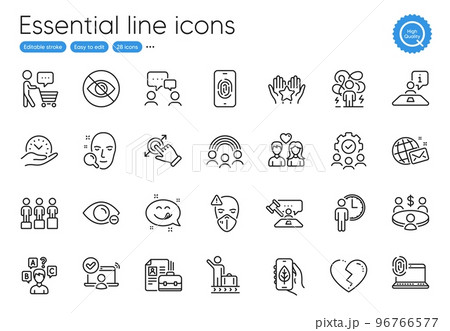 Broken heart, Vacancy and Meeting line icons. Collection of Interview, Face search, Ecology app icons. Inclusion, Myopia, Judge hammer web elements. Luggage belt, People chatting, Ranking. Vector 96766577