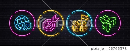 World medicine, Leadership and Target minimal line icons. Neon laser 3d lights. Wind energy icons. For web, application, printing. Online medicine, Winner flag, Targeting. Ventilator. Vector 96766578