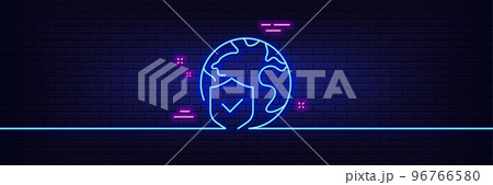 Neon light glow effect. World insurance line icon. Global business protection sign. Internet security symbol. 3d line neon glow icon. Brick wall banner. World insurance outline. Vector 96766580