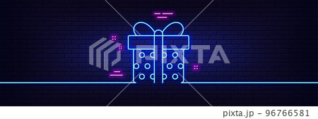 Neon light glow effect. Gift box line icon. Present or Sale sign. Birthday Shopping symbol. Package in Gift Wrap. 3d line neon glow icon. Brick wall banner. Gift box outline. Vector 96766581