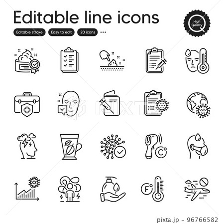 Set of Medical outline icons. Contains icons as Cancel flight, Coronavirus report and Wash hands elements. Coronavirus, Medical insurance, Vaccine report web signs. Fever, Cream. Vector 96766582