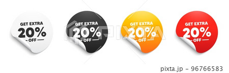 Get Extra 20 percent off Sale. Round sticker badge with offer. Discount offer price sign. Special offer symbol. Save 20 percentages. Paper label banner. Extra discount adhesive tag. Vector 96766583