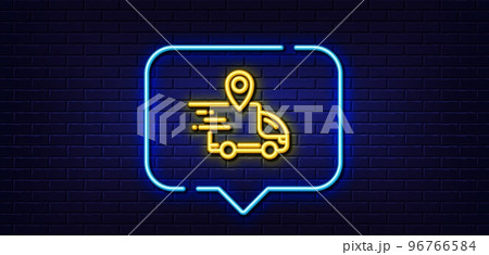 Neon light speech bubble. Delivery truck line icon. Courier location sign. Order delivery symbol. Neon light background. Delivery truck glow line. Brick wall banner. Vector 96766584
