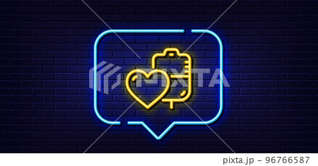 Neon light speech bubble. Donate blood line icon. Medical donor sign. Plasma symbol. Neon light background. Blood glow line. Brick wall banner. Vector 96766587