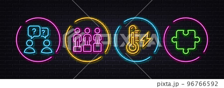 Teamwork questions, Electricity power and Equity minimal line icons. Neon laser 3d lights. Puzzle icons. For web, application, printing. Team help, Electric energy, Social equality. Vector 96766592